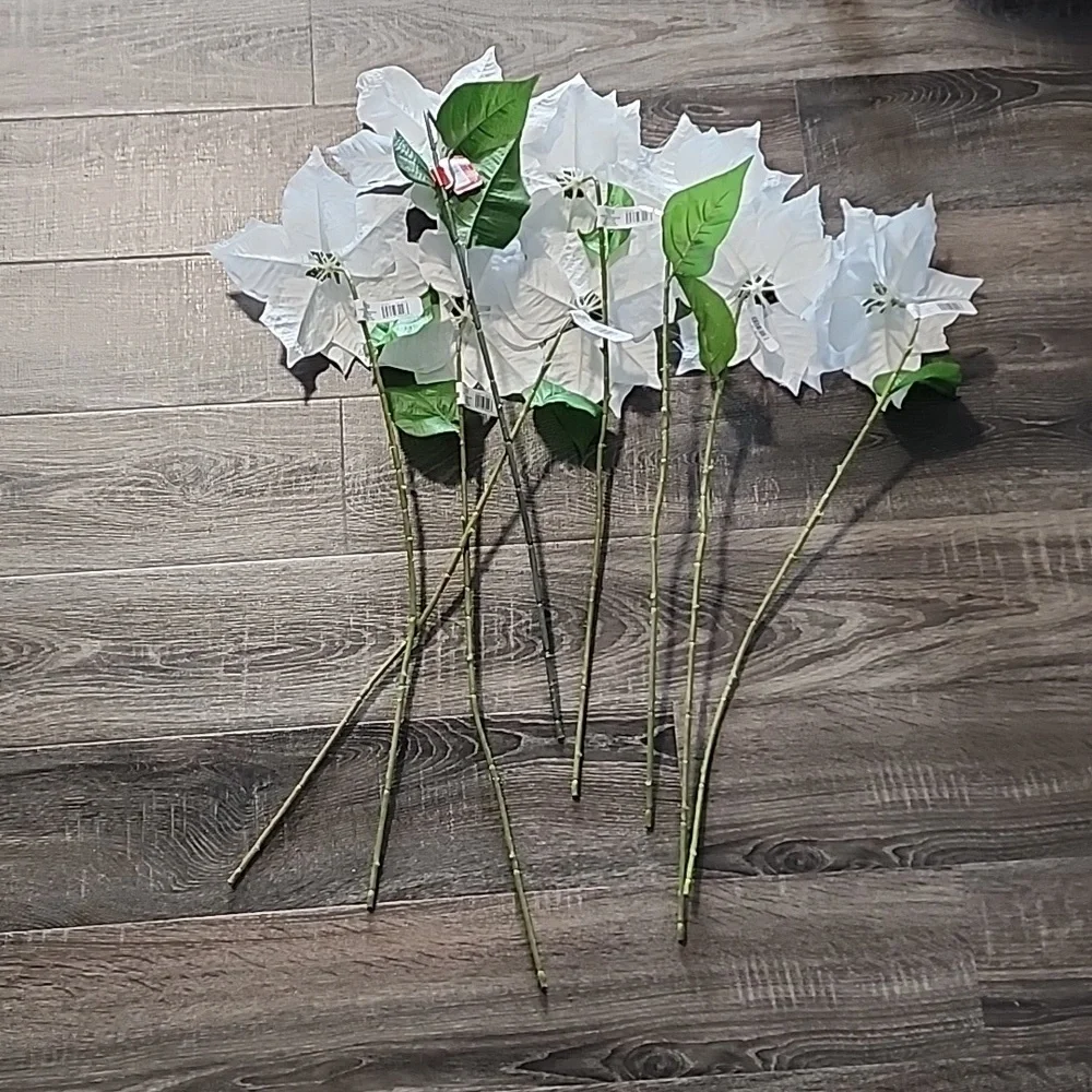 8 White Poinsettia floral Stems